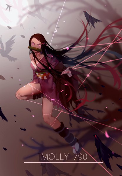 Anime picture 3720x5374 with kimetsu no yaiba ufotable kamado nezuko molly790 tall image fringe highres black hair simple background holding signed looking away absurdres very long hair traditional clothes japanese clothes pink eyes multicolored hair two-tone hair floating hair