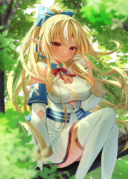 Anime picture 2500x3500 with virtual youtuber hololive shiranui flare shiranui flare (1st costume) ineka ka single long hair tall image highres light erotic blonde hair smile red eyes sitting cleavage outdoors ponytail multicolored hair pointy ears streaked hair