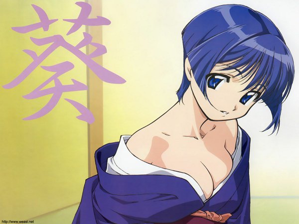 Anime picture 1280x960 with ai yori aoshi j.c. staff sakuraba aoi looking at viewer short hair blue eyes light erotic bare shoulders blue hair cleavage traditional clothes japanese clothes kimono