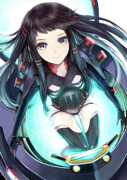 Anime picture 2894x4093 with ar tonelico ar tonelico ii gust (company) jacqli minato (shouno) single long hair tall image looking at viewer fringe highres black hair smile red eyes payot from above light smile thigh gap floating hair glowing