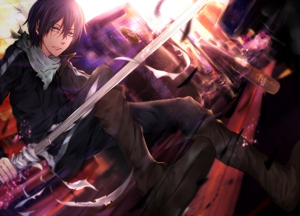 Anime picture 1200x864 with noragami studio bones yato (noragami) single looking at viewer fringe short hair purple hair aqua eyes serious glow boy uniform weapon sword boots katana building (buildings) bandage (bandages) gym uniform