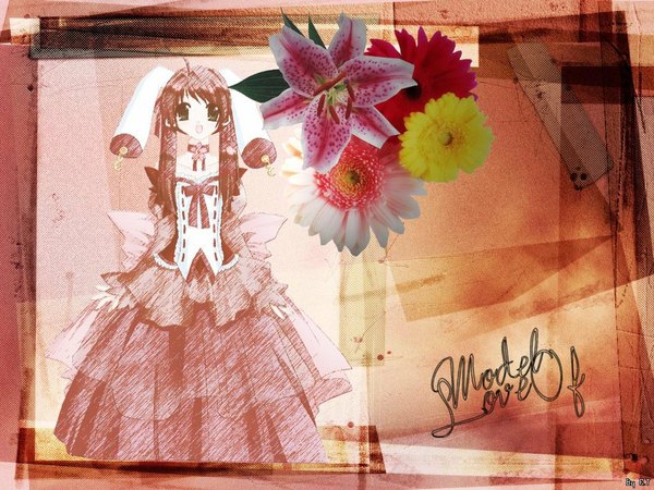 Anime picture 1024x768 with tagme (copyright) tagme (character) tagme (artist) single long hair looking at viewer open mouth signed third-party edit girl dress flower (flowers)