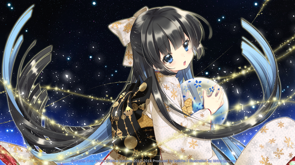 Anime picture 7680x4320 with original kirino kasumu single long hair blush fringe highres open mouth blue eyes black hair wide image absurdres blunt bangs traditional clothes japanese clothes looking back dark background half updo snowflake print girl