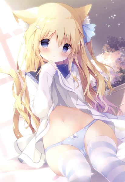 Anime picture 2267x3300 with melonbooks shiratama (shiratamaco) single long hair tall image looking at viewer blush fringe highres blue eyes light erotic hair between eyes sitting animal ears bent knee (knees) tail animal tail cat ears scan cat tail