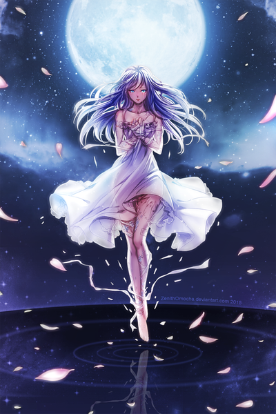 Anime picture 750x1125 with zenithomocha single long hair tall image looking at viewer fringe blue eyes purple hair barefoot night night sky tears reflection girl dress ribbon (ribbons) petals moon star (stars) full moon