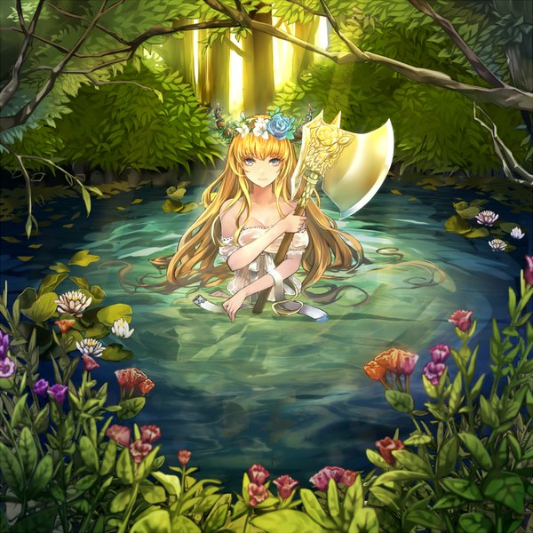 Anime picture 1000x1000 with original settyaro single long hair looking at viewer blue eyes blonde hair bare shoulders wavy hair girl dress flower (flowers) weapon plant (plants) tree (trees) water leaf (leaves) wreath axe