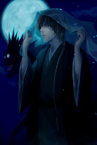 Anime picture 594x889 with death note madhouse yagami light ryuk tsulala long hair tall image fringe black hair smile hair between eyes standing holding looking away braid (braids) traditional clothes japanese clothes night wide sleeves multiple boys