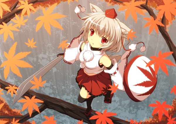 Anime picture 1771x1254 with touhou inubashiri momiji cross (crossryou) highres short hair red eyes bare shoulders animal ears white hair girl thighhighs weapon black thighhighs hat detached sleeves sword leaf (leaves) shield