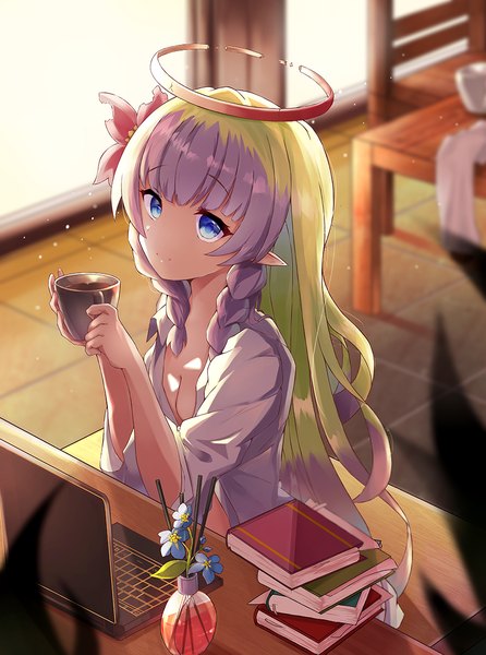 Anime-Bild 892x1200 mit princess connect! re:dive princess connect! ames sira (user dswn7488) single tall image fringe breasts blue eyes light erotic smile sitting holding payot looking away purple hair indoors blunt bangs braid (braids) very long hair