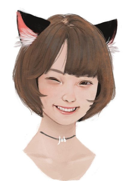 Anime picture 1191x1684 with original hana (jubi) jubi (regiana) single tall image looking at viewer short hair simple background smile brown hair white background brown eyes signed animal ears one eye closed cat ears realistic teeth lipstick grin