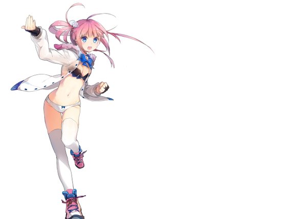 Anime picture 1400x1000 with original anmi single long hair open mouth blue eyes light erotic white background pink hair midriff legs fighting stance girl thighhighs gloves navel hair ornament underwear panties bow