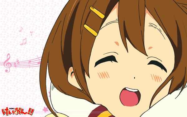Anime picture 1920x1200 with k-on! kyoto animation hirasawa yui ffcreatyuuki single highres short hair open mouth smile brown hair eyes closed wallpaper copyright name close-up ^ ^ ^o^ girl bobby pin musical note