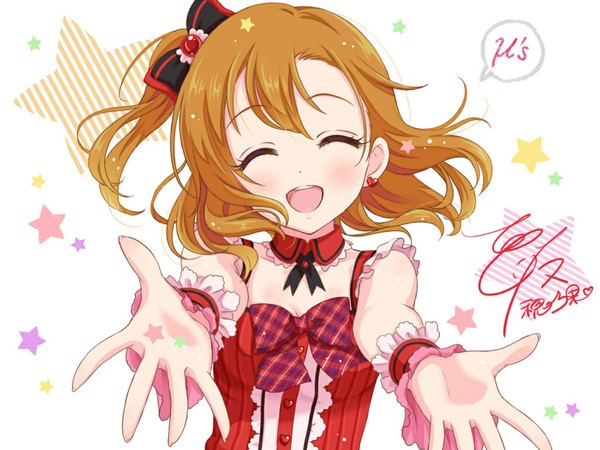 Anime picture 1024x768 with love live! school idol project sunrise (studio) love live! kousaka honoka yuuki (yukinko-02727) single blush fringe short hair open mouth blonde hair bare shoulders eyes closed teeth one side up outstretched arm close-up girl bow earrings