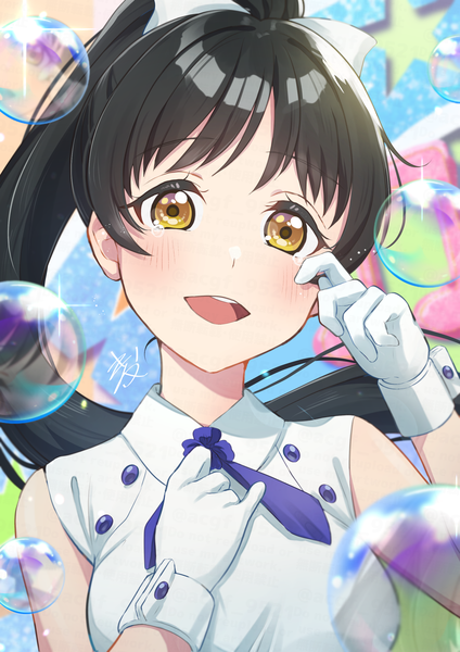 Anime picture 2122x3000 with hello!!! love live! sunrise (studio) love live! hazuki ren kyaku tatsu single long hair tall image looking at viewer blush fringe highres breasts open mouth black hair smile bare shoulders yellow eyes upper body ponytail