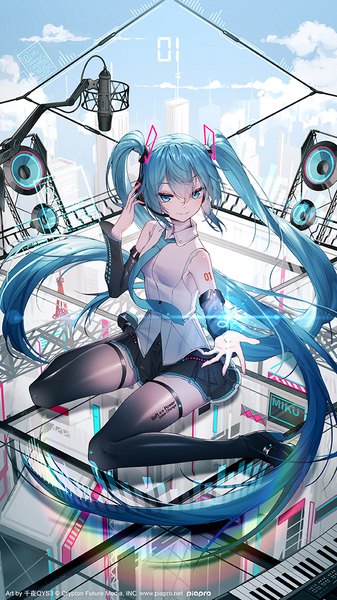 Anime picture 596x1060 with vocaloid hatsune miku hatsune miku (vocaloid4) qys3 single tall image fringe smile hair between eyes sitting twintails very long hair pleated skirt aqua eyes aqua hair official art wariza hand on headphones girl thighhighs
