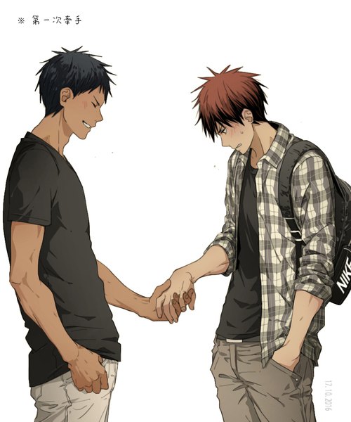 Anime picture 900x1080 with kuroko no basket production i.g nike aomine daiki kagami taiga kuehsy tall image blush short hair black hair simple background smile standing white background holding red hair eyes closed head tilt open shirt dark skin