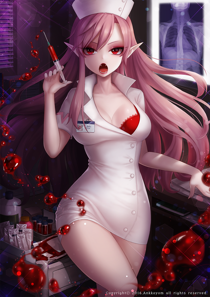 Anime picture 1000x1415 with original ango single long hair tall image looking at viewer fringe breasts open mouth light erotic hair between eyes red eyes large breasts standing holding signed payot pink hair cleavage bent knee (knees)