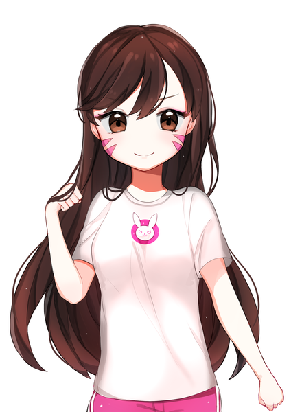 Anime picture 2480x3507 with overwatch blizzard entertainment d.va (overwatch) ongyageum single long hair tall image looking at viewer fringe highres simple background smile hair between eyes brown hair white background brown eyes upper body arm up facial mark whisker markings