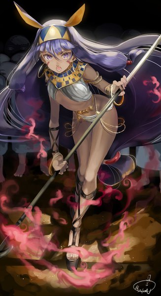 Anime picture 928x1700 with fate (series) fate/grand order nitocris (fate) medjed mizutamari tori single long hair tall image looking at viewer fringe breasts open mouth light erotic purple eyes signed purple hair leaning leaning forward dark skin girl
