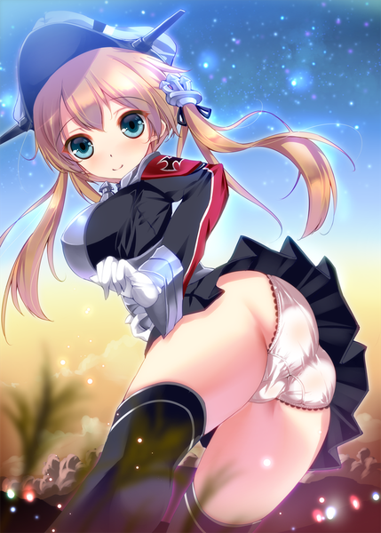 Anime picture 858x1200 with kantai collection prinz eugen (kantai collection) fukuda shuushi single long hair tall image looking at viewer blush blue eyes light erotic blonde hair ass pantyshot depth of field turning head girl thighhighs skirt gloves underwear