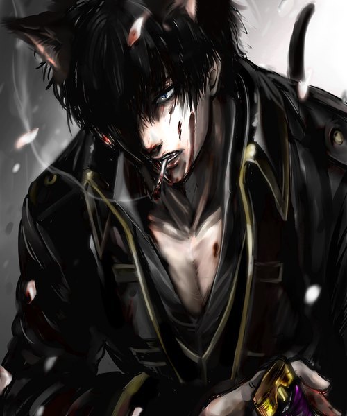 Anime picture 1000x1200 with gintama sunrise (studio) hijikata toshiro shioaji single tall image fringe short hair blue eyes black hair animal ears animal tail cat ears hair over one eye cat tail smoke partially open clothes smoking boy weapon