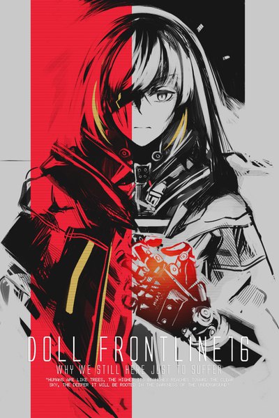 Anime picture 2184x3276 with girls frontline m16a1 (girls frontline) hanada yanochi single long hair tall image looking at viewer fringe highres simple background upper body multicolored hair two-tone hair text monochrome english mechanical arms partially colored girl jacket