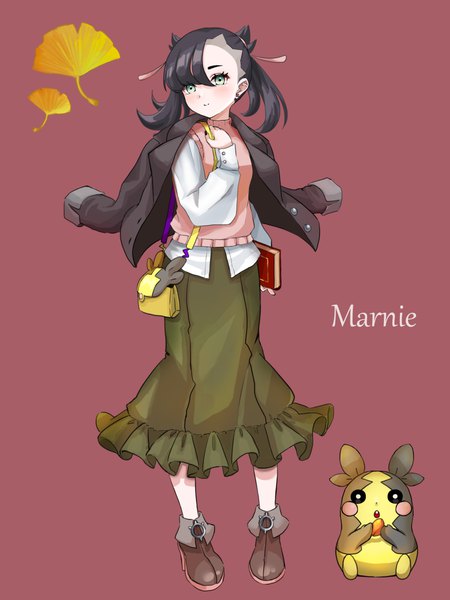 Anime picture 900x1200 with pokemon pokemon swsh nintendo marnie (pokemon) morpeko setta shu single tall image looking at viewer short hair black hair simple background standing twintails green eyes full body alternate costume character names short twintails clothes on shoulders