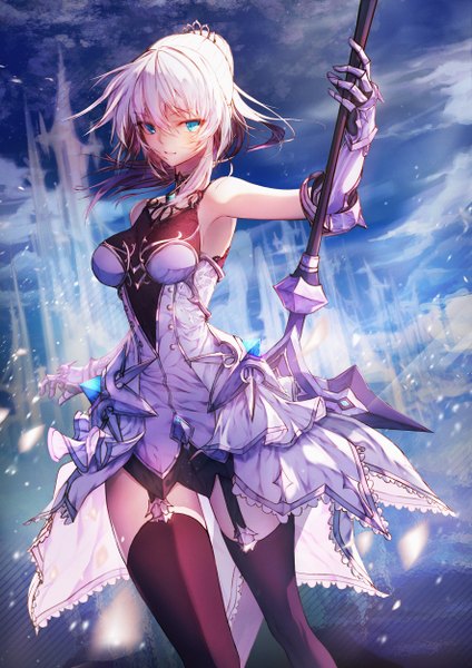 Anime picture 1768x2500 with king's raid scarlet (king's raid) roon single long hair tall image looking at viewer fringe highres breasts blue eyes light erotic hair between eyes standing bare shoulders holding sky cloud (clouds) outdoors white hair