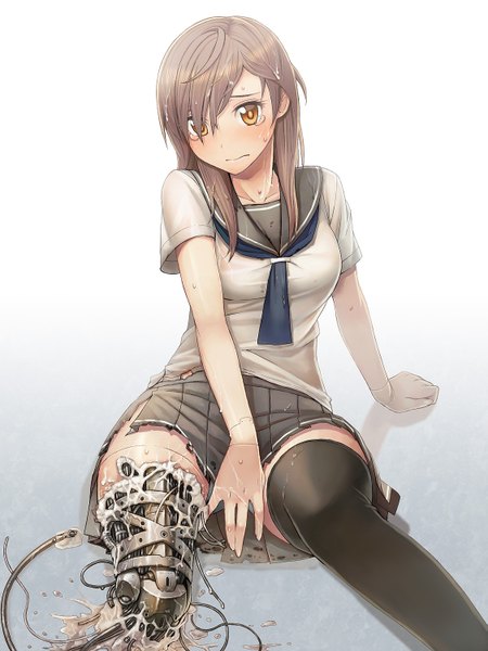 Anime picture 1125x1500 with original itou (onsoku tassha) single long hair tall image looking at viewer blush fringe brown hair sitting yellow eyes pleated skirt embarrassed mechanical girl thighhighs skirt uniform black thighhighs school uniform
