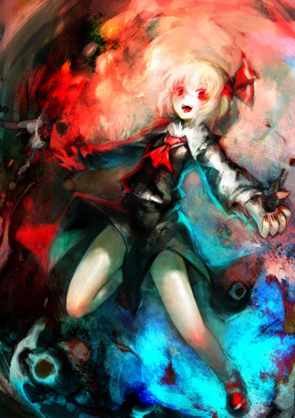 Anime picture 1000x1415 with touhou rumia spark621 single tall image looking at viewer short hair open mouth blonde hair red eyes teeth legs magic falling multicolored girl skirt bow hair bow vest