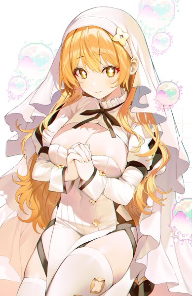 Anime-Bild 1500x2311 mit legendary sword kinty single long hair tall image fringe breasts light erotic blonde hair smile hair between eyes large breasts yellow eyes cleavage interlocked fingers girl thighhighs white thighhighs bubble (bubbles) sleeve cuffs