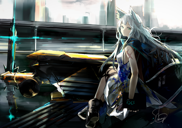 Anime picture 1433x1013 with arknights rosmontis (arknights) sakusyo single long hair sitting green eyes signed animal ears silver hair outdoors looking back sleeveless scar girl dress infection monitor (arknights)