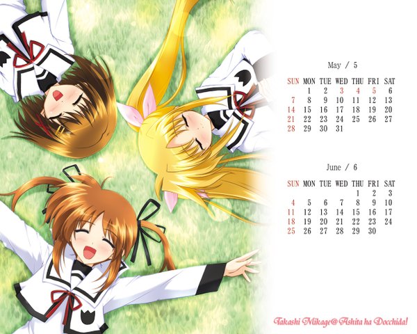 Anime picture 1280x1024 with mahou shoujo lyrical nanoha fate testarossa takamachi nanoha yagami hayate long hair blush short hair open mouth blonde hair brown hair twintails multiple girls lying eyes closed short twintails happy spread arms 2006 girl uniform