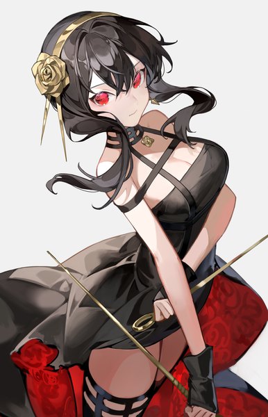 Anime picture 1455x2264 with spy x family yor briar chyoel single long hair tall image looking at viewer fringe breasts light erotic black hair simple background hair between eyes red eyes large breasts cleavage from above grey background girl weapon