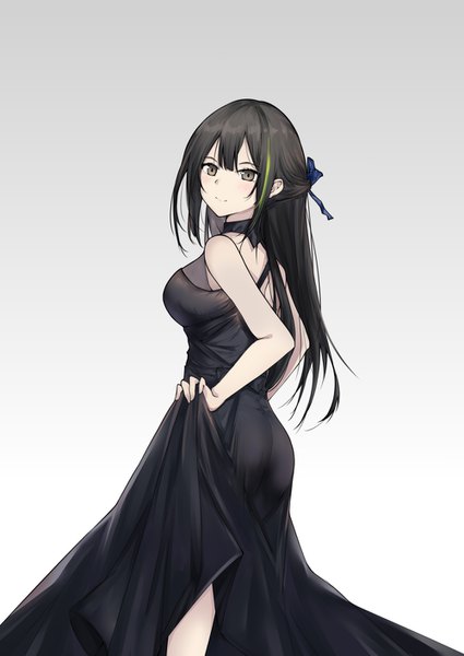 Anime picture 1000x1412 with girls frontline m4a1 (girls frontline) yuuki mix single long hair tall image looking at viewer fringe breasts black hair simple background smile hair between eyes standing brown eyes payot looking back multicolored hair two-tone hair streaked hair