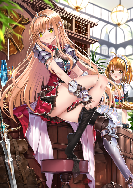 Anime picture 1187x1680 with original swordsouls long hair tall image blush fringe short hair breasts open mouth light erotic blonde hair smile hair between eyes brown hair large breasts sitting multiple girls holding brown eyes yellow eyes