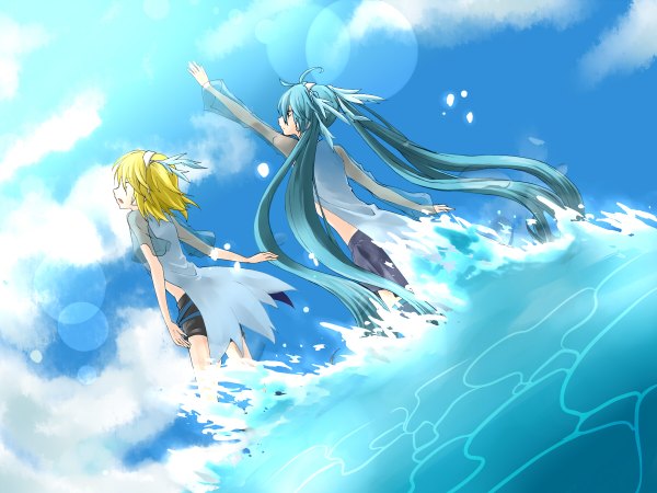 Anime picture 1200x900 with vocaloid hatsune miku kagamine rin kanna (chaos966) long hair short hair blonde hair twintails multiple girls aqua hair outstretched arm girl bow 2 girls hair bow water splashes