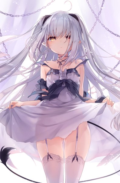 Anime picture 2330x3525 with original kedama milk single long hair tall image looking at viewer blush fringe highres light erotic red eyes standing bare shoulders yellow eyes payot silver hair ahoge tail pointy ears hair over one eye