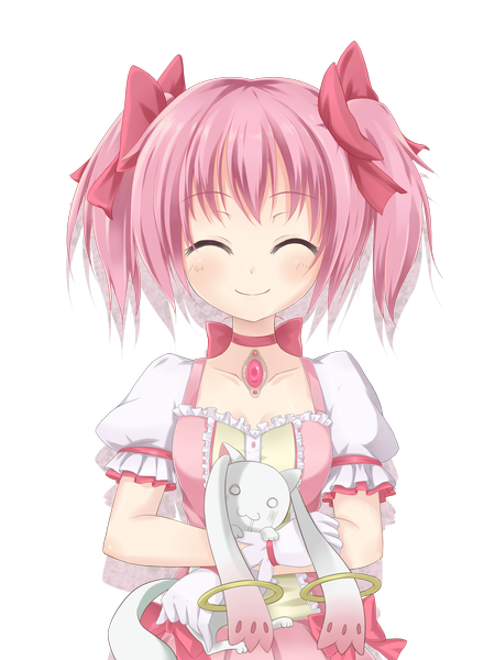 Anime picture 1800x2400 with mahou shoujo madoka magica shaft (studio) kaname madoka kyuubee sigemi single tall image blush highres short hair smile twintails pink hair eyes closed short twintails transparent background girl dress bow hair bow