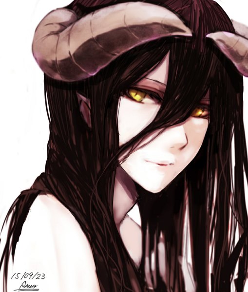 Anime picture 934x1100 with overlord (maruyama) madhouse albedo (overlord) kuroneko nero single long hair tall image looking at viewer fringe black hair simple background smile hair between eyes white background bare shoulders signed yellow eyes horn (horns) portrait demon girl