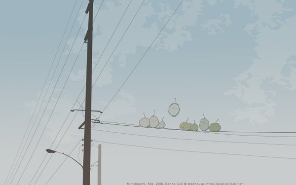 Anime picture 2560x1600 with dennou coil madhouse mojo highres wide image sky cloud (clouds) no people vector wire (wires) creature lamppost pole