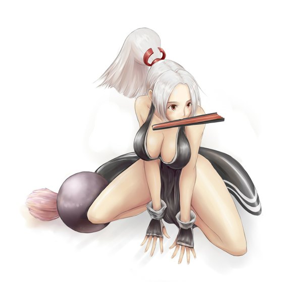 Anime picture 1351x1260 with the king of fighters snk shiranui mai lancer0519 single long hair blush breasts light erotic simple background red eyes large breasts white background holding cleavage silver hair ponytail mouth hold girl gloves
