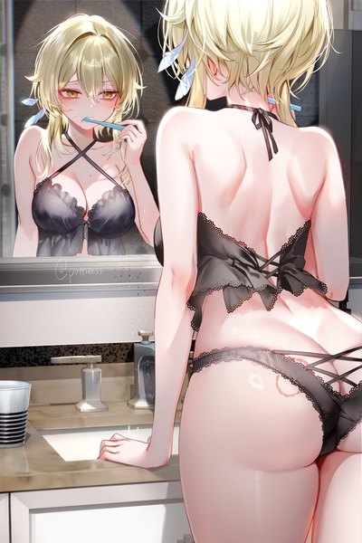 Anime picture 6000x9000 with genshin impact lumine (genshin impact) pottsness single tall image blush fringe highres short hair breasts light erotic blonde hair hair between eyes large breasts standing bare shoulders holding signed yellow eyes looking away