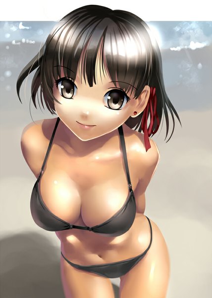 Anime picture 571x800 with original katahira masashi single tall image looking at viewer short hair breasts light erotic black hair smile bare shoulders brown eyes bare belly kneeling piercing hands behind back girl navel ribbon (ribbons) swimsuit