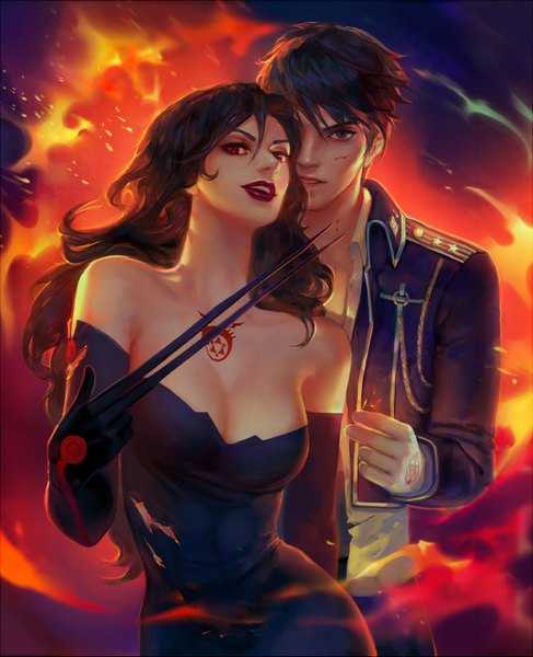 Anime picture 1166x1435 with fullmetal alchemist studio bones roy mustang lust j-witless long hair tall image looking at viewer short hair light erotic black hair red eyes brown hair standing bare shoulders blue hair fingernails lips from behind realistic