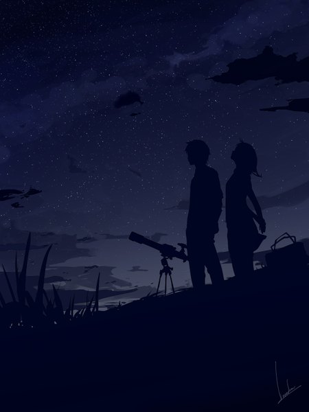 Anime picture 1200x1600 with original loundraw long hair tall image short hair sky night sky looking up hands behind back silhouette girl boy plant (plants) star (stars) grass telescope