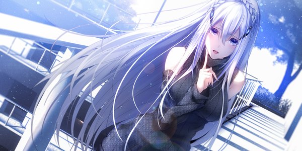 Anime picture 2500x1250 with code:qualia lucia (code:qualia) yoaferia single long hair looking at viewer blush fringe highres breasts open mouth blue eyes hair between eyes wide image standing purple eyes game cg outdoors white hair braid (braids)