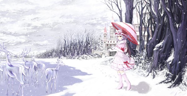 Anime picture 2222x1138 with touhou remilia scarlet cloudy.r single highres short hair red eyes wide image cloud (clouds) white hair snowing winter snow transparent girl dress plant (plants) animal wings tree (trees)