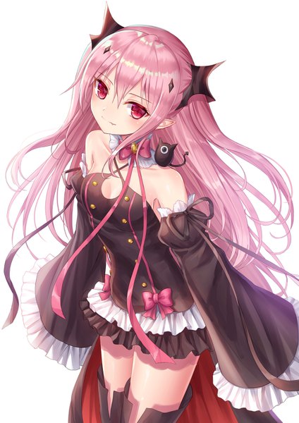 Anime picture 999x1413 with owari no seraph wit studio kururu tepes seungju lee single long hair tall image looking at viewer blush fringe breasts simple background smile hair between eyes red eyes standing white background bare shoulders payot pink hair