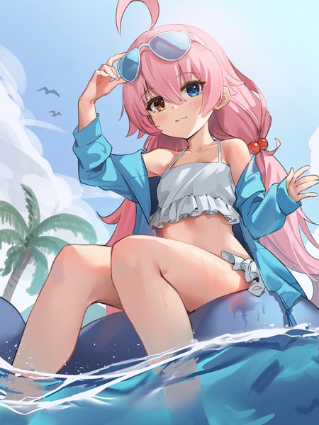 Anime picture 1800x2400 with blue archive hoshino (blue archive) hoshino (swimsuit) (blue archive) qianduan mozhi single long hair tall image looking at viewer fringe highres hair between eyes twintails pink hair ahoge heterochromia low twintails official alternate costume sunglasses on head soaking feet girl